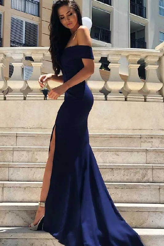 One Day Only – Huge Savings!Mermaid Off-the-Shoulder Sweep Train Split-Side Satin Prom Dress PG603