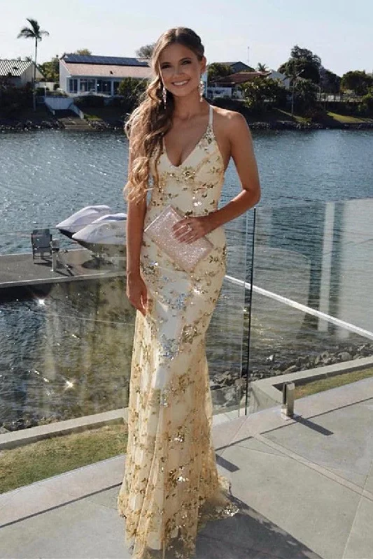 Great Deals, Just for You!Mermaid Scoop Criss Cross Back Gold Prom Dress with Sequined PG609