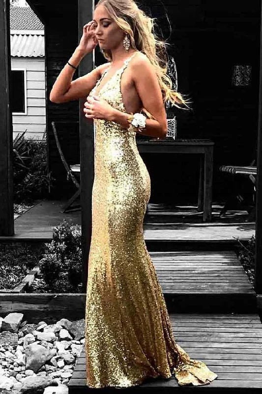 Sale Alert – Get Ready to Shop!Mermaid V-Neck Backless Gold Sequined Prom Dress with Appliques PG615