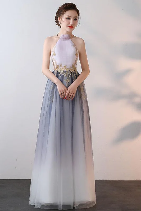 Upgrade for Less!A-line High Neck Tulle Prom Dresses With Applique PG626