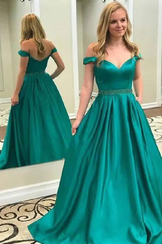 Exclusive Deals Just for You!Off Shoulder Emerald Green A-line Long Evening Prom Dresses PG580