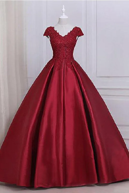 Get the Best for Less!Ball Gown Cap Sleeves Red Lace A line Long Evening Prom Dresses PG584