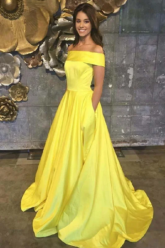 Your Exclusive Offer Awaits!Off The Shoulder Yellow Satin Sleeveless Prom Dress with Pockets PG594