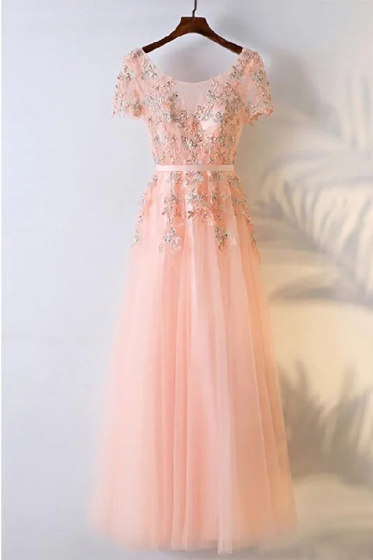 Shop Early, Save Big!Peachy Pink Round Neck Long Prom Dress With Short Sleeves PG600