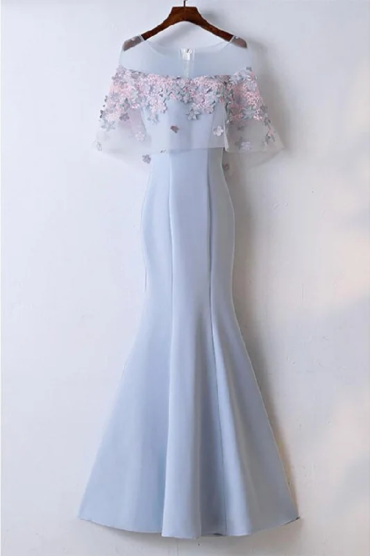 Must-Have Deals Inside!Pretty Sky Blue  Mermaid Long Prom Dress With Lace Flowers PG622