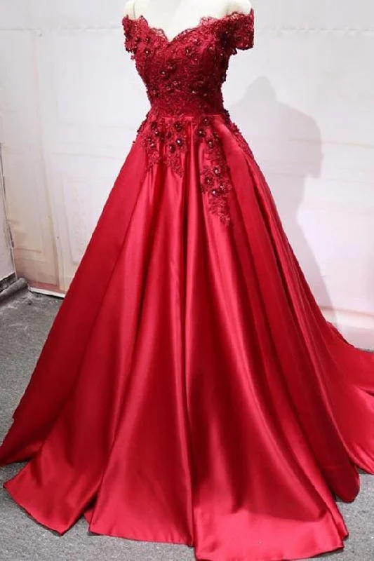 Save More When You Shop More!Red Off Shoulder Lace Long A-line Evening Prom Dresses  PG576