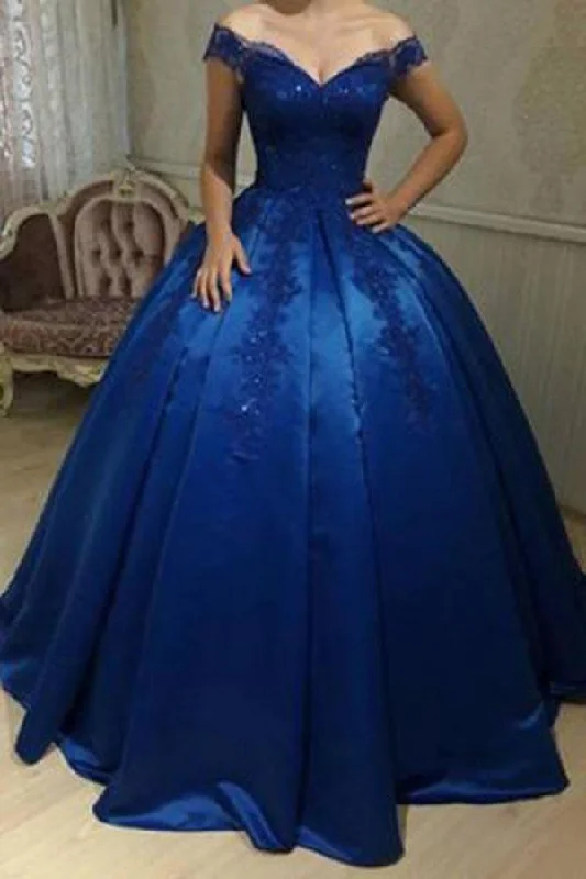 Save Up to 50% Off!Royal Blue Off Shoulder Lace A line Long Evening Prom Dresses  PG577