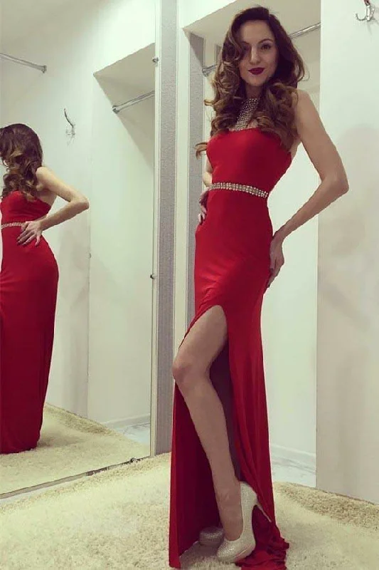Limited-Time Price Drop!Sheath Round Neck Open Back Red Spandex Prom Dress with Beading Split PG606