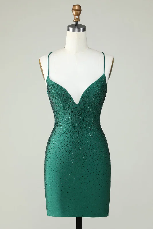 Everything Must Go!Sheath Spaghetti Straps Dark Green Short Prom Dress with Beading