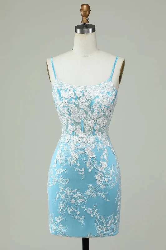 Your Dream Deal is Here!Sheath Spaghetti Straps Light Blue Short Prom Dress with Appliques