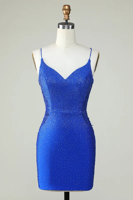 Huge Price Cuts Await!Sheath Spaghetti Straps Royal Blue Short Prom Dress with Beading
