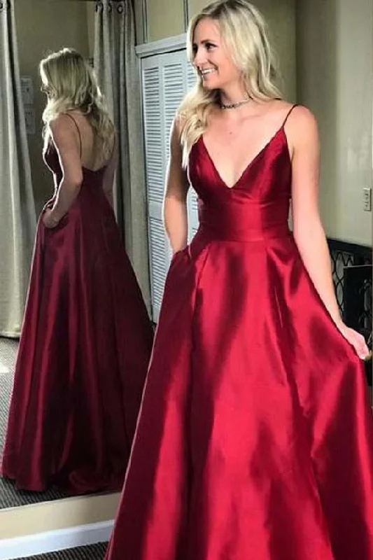 Best Offers of the Month!Simple Red Spaghetti Straps A-line Long Evening Prom Dresses PG581