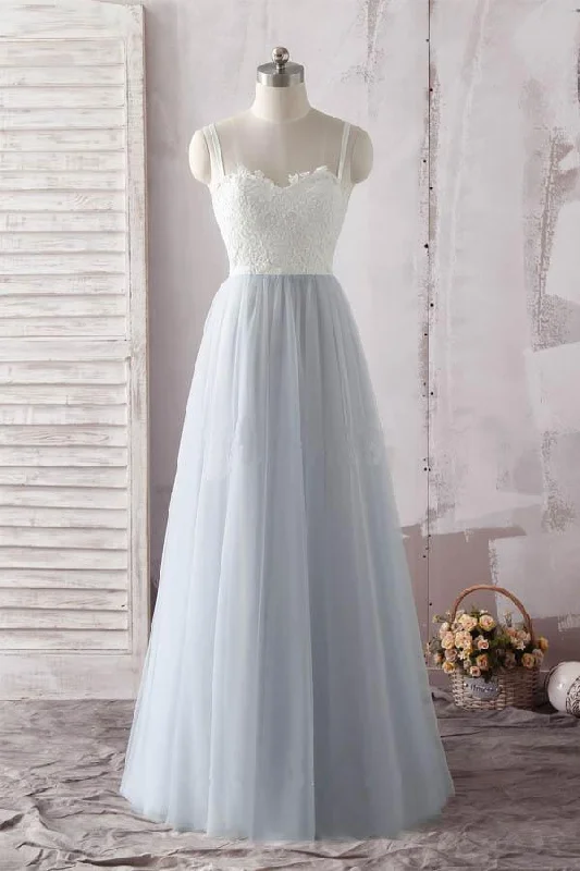 Must-Have Deals Inside!Simple Spaghetti Straps Sweetheart Ivory Lace Blue Tulle Prom Dress PG637