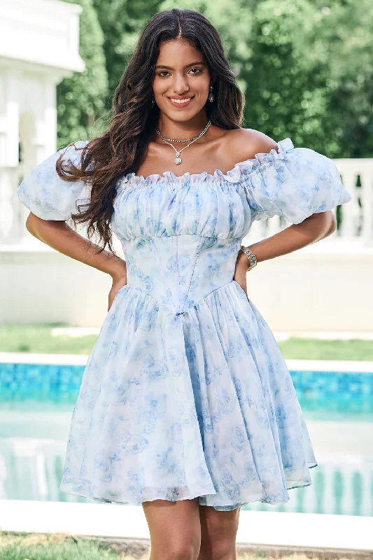 Buy One, Get One Free!Sky Blue A Line Square Neck Print Floral Ruffle Short Graduation Dress with Puff Sleeves