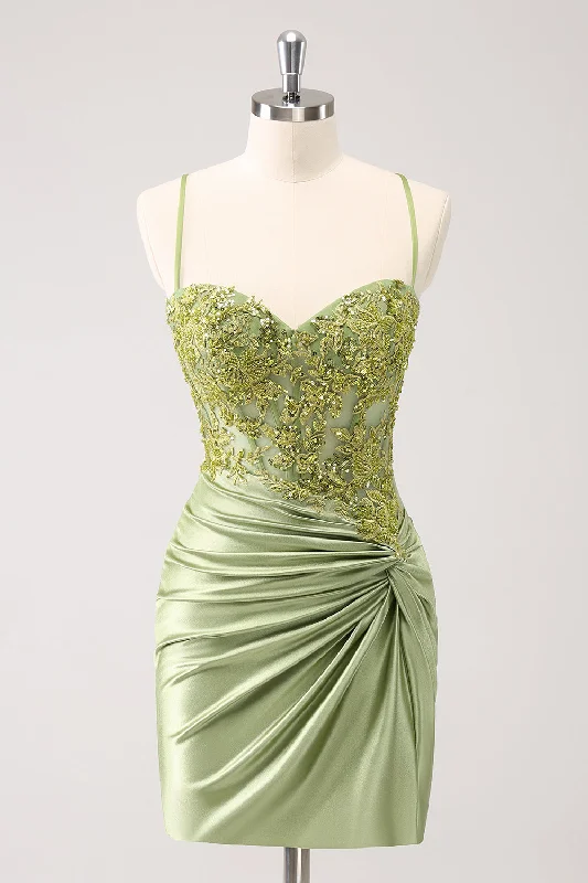 Exclusive Savings This Week!Sparkly Army Green Lace-Up Back Appliques Pleated Graduation Dress