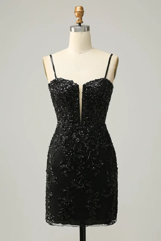 Save Up to 50% Off!Sparkly Black Corset Sequins Tight Short Prom Dress with Lace