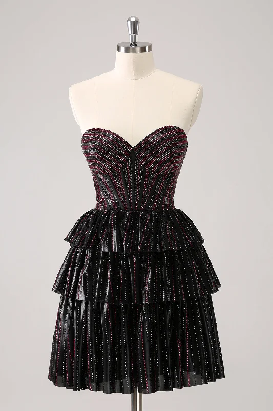 Shop the Hottest Deals!Sparkly Black Pink Sweetheart Tiered Graduation Dress with Beading
