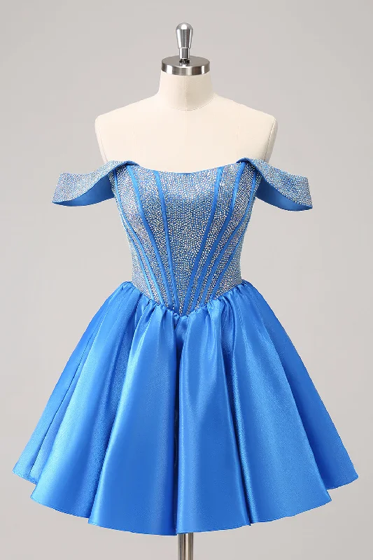 Save Like Never Before!Sparkly Blue A-Line Off the Shoulder Beaded Satin Graduation Dress