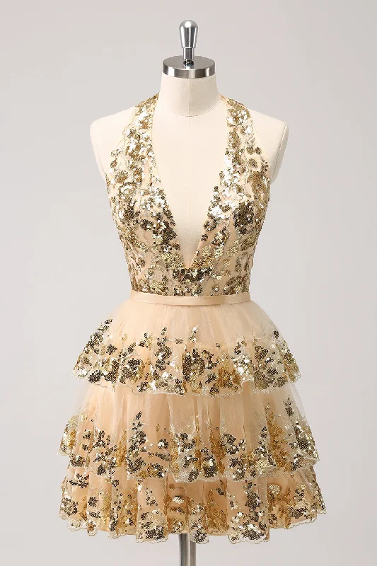 Don’t Wait – Deals Won’t Last!Sparkly Gold A-Line Halter Tiered Sequined Backless Short Graduation Dress