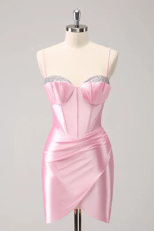 Get More, Spend Less – Shop Now!Sparkly Pink Spaghetti Straps Tight Graduation Dress with Beading