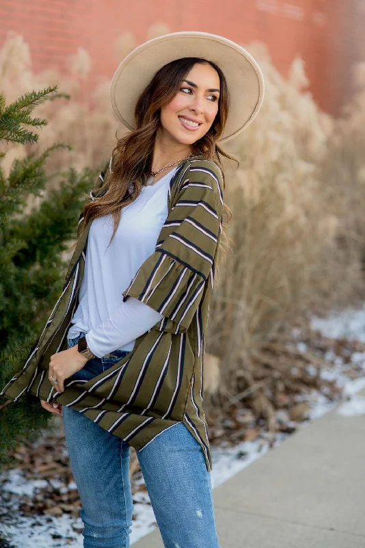 Shop Early, Save Big!Striped Ruffle Sleeve Kimono