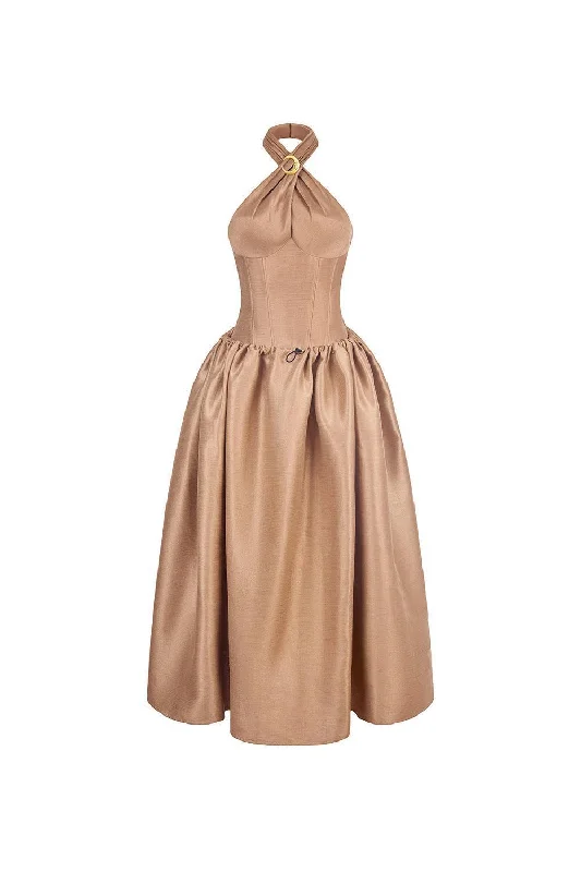 Score Big Savings Today!The Wood Fit and Flare Crossover Neck Taffeta Ankle Length Dress
