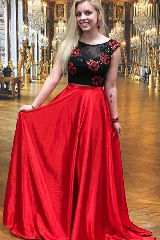 Score Huge Discounts Today!Two Piece Round Neck Red Satin Prom Dress with Lace Appliques PG590