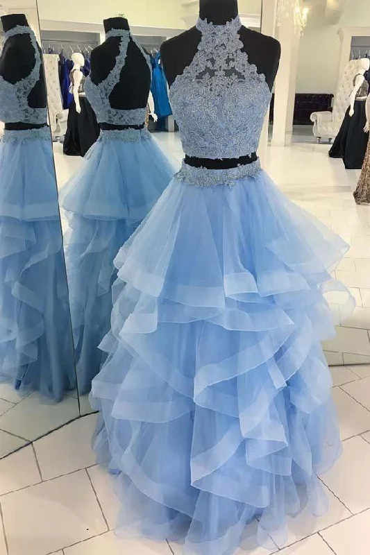 Your Favorite Items on Sale Now!Two Pieces Open Back Lace Organza Ruffle Long Evening Prom Dresses PG579