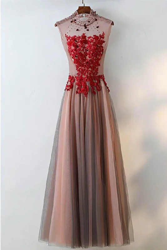 Hottest Discounts of the Year!Unique High Neck Black Tulle And Red Lace Sleeveless Prom Dress  PG634
