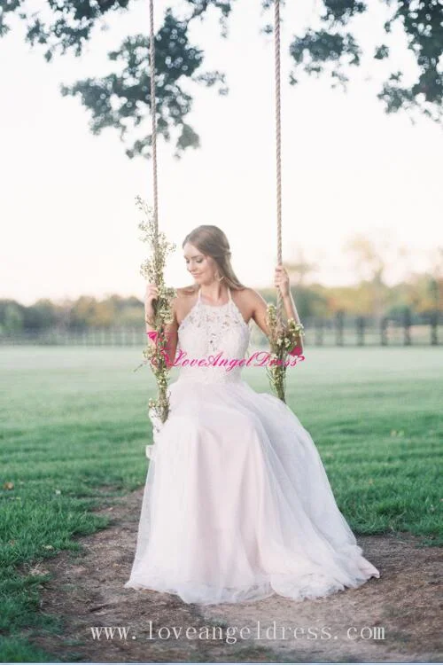 Everything Must Go!A-line Halter Lace Boho Wedding Dresses with Tulle Skirt