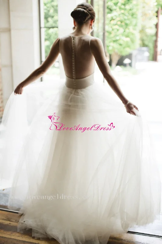 Best Offers of the Month!A-line Ivory Simple Bridal Gown Scoop Neck Satin Tulle with Illusion Back