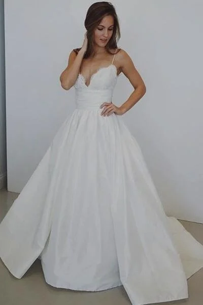 Bigger Savings, Better Shopping!A-line Spaghetti Straps Lace Taffeta Wedding Dress with Chapel Train