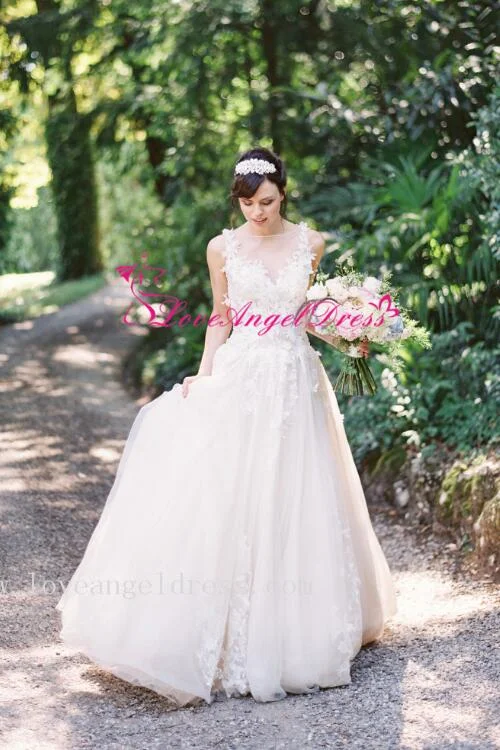 Don’t Wait – Shop Today!A-line Tulle Lace Appliques Princess Wedding Gown with Boat Neck