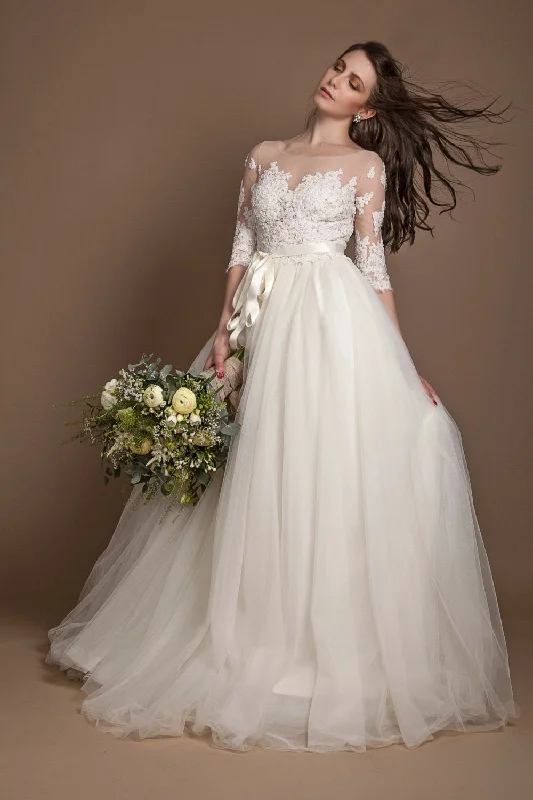 Today’s Deals, Tomorrow’s Regrets!Appliques Illusion Neckline Plus Size Wedding Gown with Sleeves