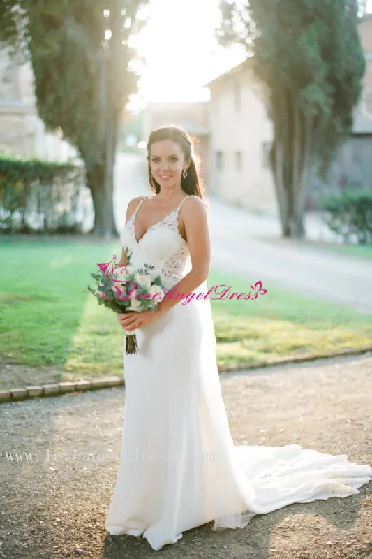 Exclusive Offers You’ll Love!Beaded Appliques V-neck Sheath Destination Wedding Gown with Spaghetti Straps