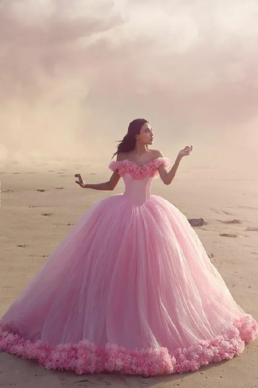 Your Shopping Spree Starts Here!Castle Style Ruffled Flowers Tulle Pink Ball Gown Wedding Dresses