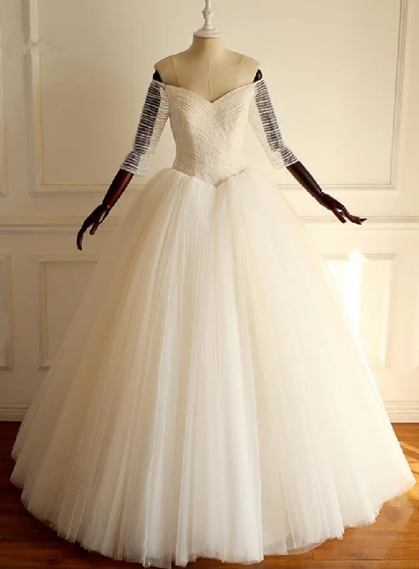 More Discounts, More Joy!Half Sleeves Long A-line Tulle Beaded Wedding Dresses