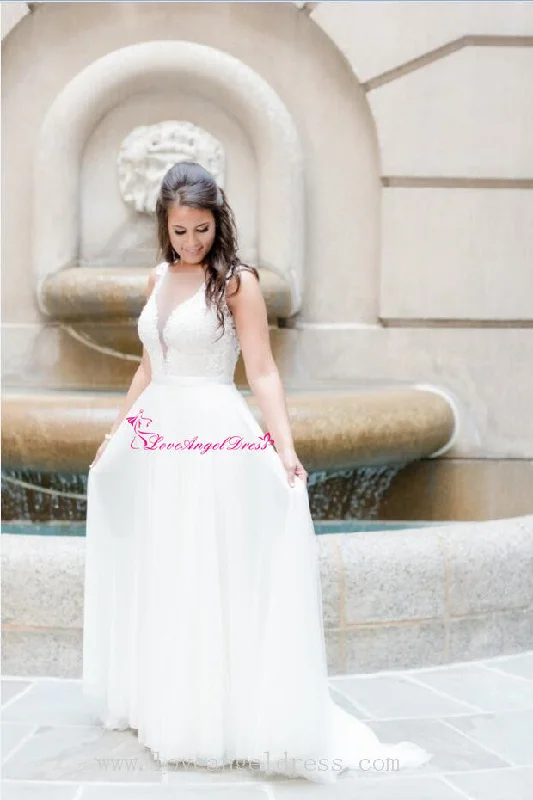 Hurry, Sale Ends Soon!Illusion Boat Neck Appliques A-line Tulle Boho Wedding Dresses