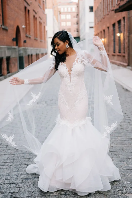 Score Big Savings Today!Illusion Lace Bateau Neck Ruffles Mermaid Wedding Dresses Long Sleeves