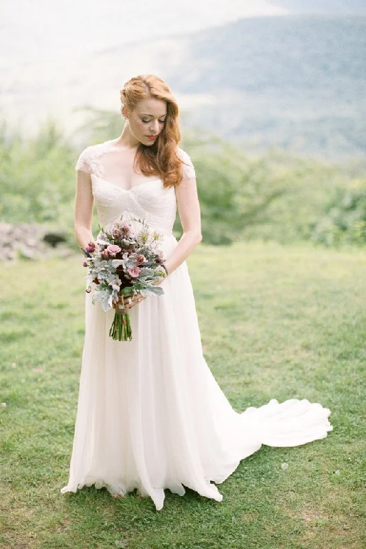 One Click Away from Big Savings!Illusion Lace Cap Sleeves Chiffon Rustic Wedding Dress