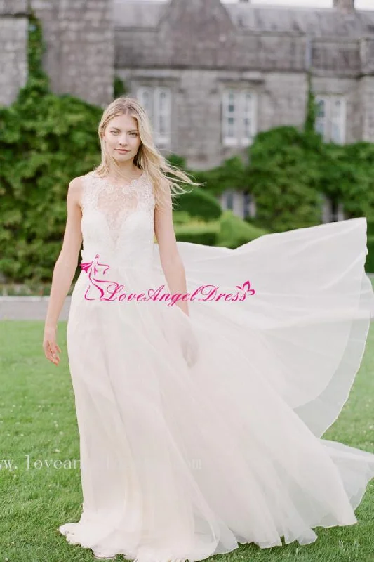 Hottest Discounts of the Year!Illusion Lace Sleeveless Chiffon Boho Wedding Dresses