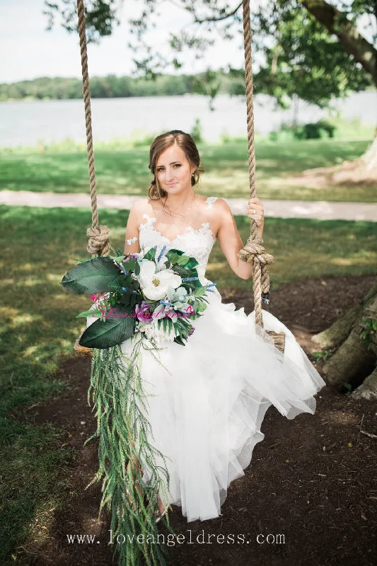 Limited Stock Available!Illusion Neckline Sleeveless A-line Lace Wedding Gowns with Tulle Skirt