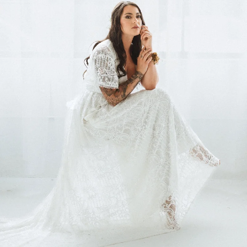 Get the Best for Less!Ivory Wrap lace bohemian wedding dress with pockets and train #1423