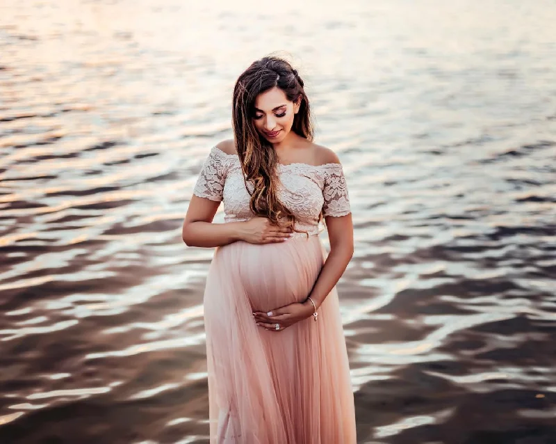New Discounts Just Dropped!Maternity Blush off-shoulders short sleeves dress #1139