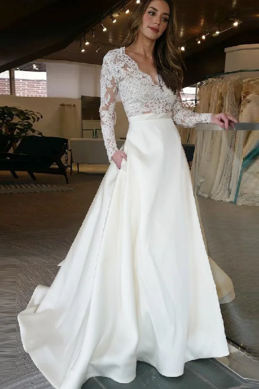 Your Best Deals Are Here!Modern Illusion Lace Long Sleeves Wedding Dresses with Satin Skirt