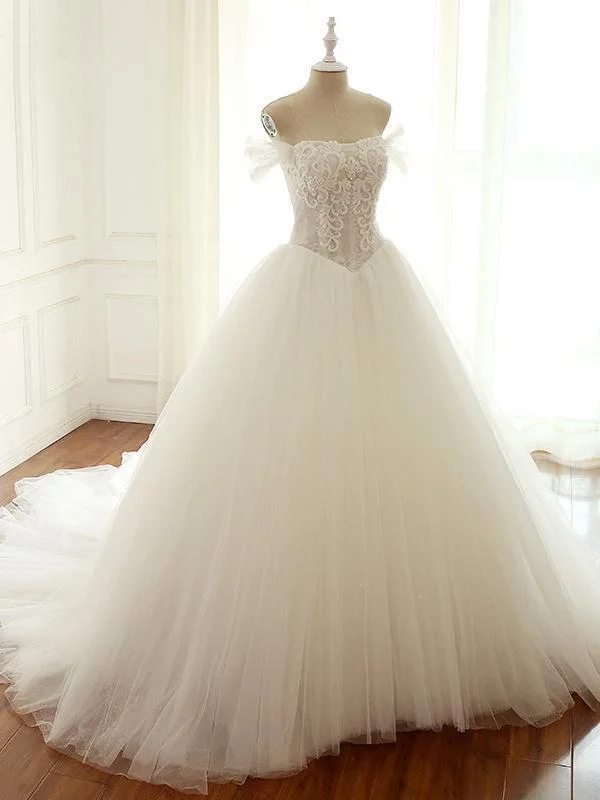 Save More Than Ever!Off Shoulder Lace Tulle Long Wedding Dresses