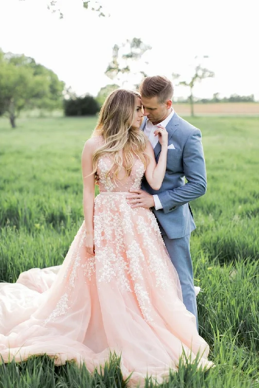 Find Your Perfect Deal Today!Pearls Lace Blush Wedding Dresses with Plunging V-neck