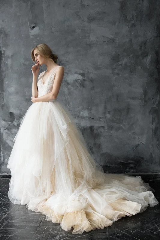 Save More When You Shop More!Plunging V-neck Illusion Lace Ball Gown Wedding Dress with Tulle Train