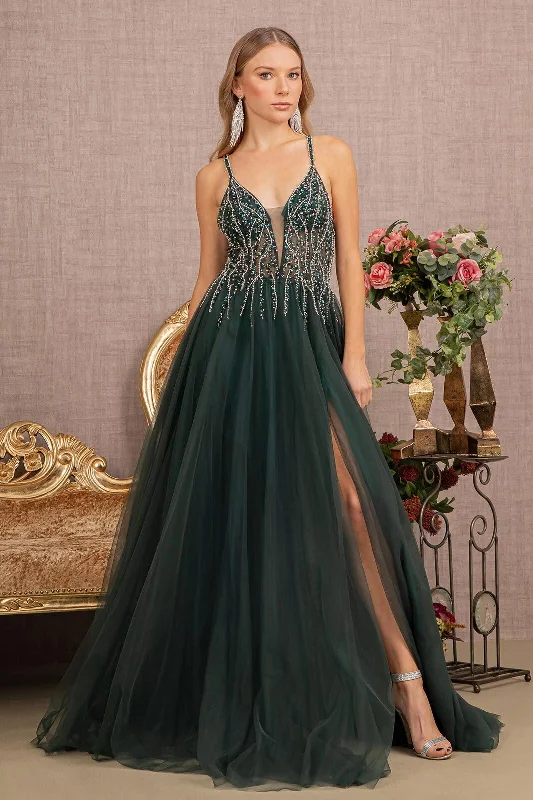 One Click Away from Big Savings!Prom Long Spaghetti Strap Beaded Gown
