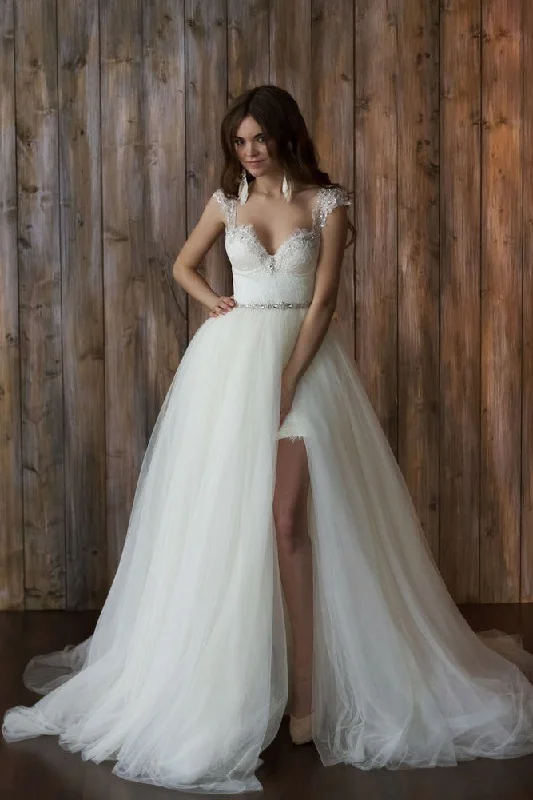 Sale Alert – Get Ready to Shop!Queen Anne Beaded Lace Bridal Gown with Removable Tulle Skirt